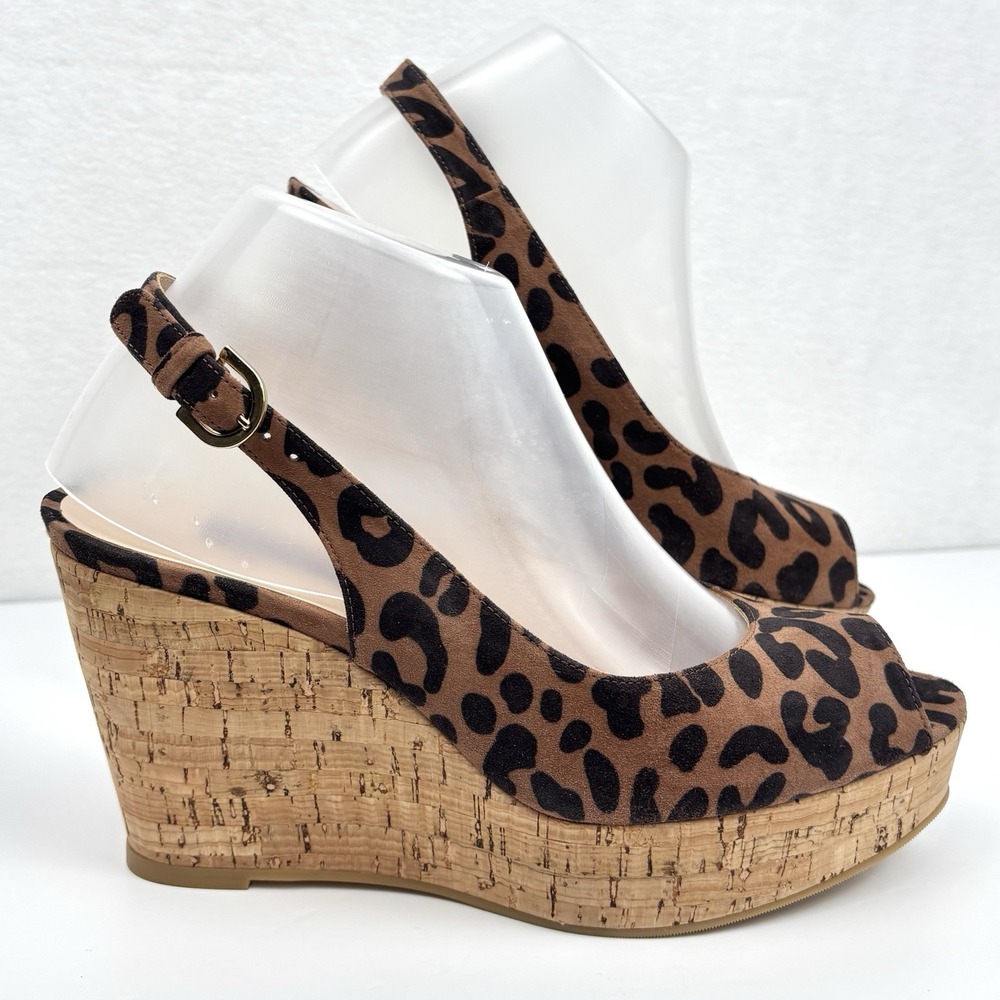 Stuart Weitzman Jean Leopard Cork Slingback Peep Toe Wedge Platform Sandals 8.5M
